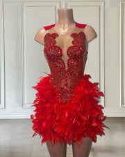 Red Rhinestone Birthday Party Dress For Women Luxury  Scoop Neck Short Feathers Prom Gowns  Cocktail Wear