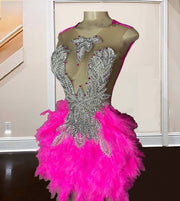 Hot Pink Birthday Dresses For Women Party Wear Sheer Neck Beading Rhinestone Short Prom Gowns Feathers Cocktail Dresses