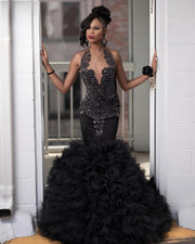 Luxury Black Prom Dresses For Women 2023 Rhinestone Beading Mermaid Evening Gowns Ruffles Robes De Bal Girls Party Wear