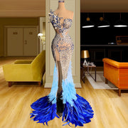 Sexy Mermaid Evening Gowns New Fashion Blue Feathers Long Prom Dress High Split Side Women Party Dresses For Wedding