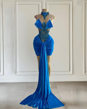 Sexy Blue Ladies Dresses For Special Occasion High Neck Short Prom Gowns Applique Beading Women Birthday Dress Party Wear