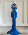 Sexy Blue High Neck Birthday Dress