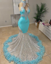 Sky Blue Feathers Sliver Beaded Appliques Halter Prom Dresses For 2023 Luxury Designer Party Mermaid Bespoke Occasion
