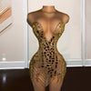 Luxury Gold Sequin Rhinestone Sheer O-Neck Beading Birthday Dress