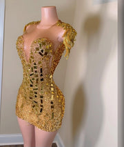 Gold Women Birthday Dresses For Women Crystal Beading Sequin Short Prom Gowns Zipper Back Vestidos De Cóctel