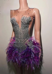 Sexy Purple Sparkly Diamonds Short Prom Dress Glitter Crystals Rhinestone Beading Feathers Graduation Birthday Cocktail Party