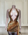 Mannequin Wearing a Gold Rhinestone Beading Halter Birthday Dress with Sparkling Embellishments and Sleek Silhouette, Styled for Glamorous Celebrations
