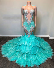 Luxury Feathers Prom Dresses Sheer Neck Sparkly Beading Gala Party Gowns Zipper Evening Wear