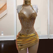 High Neck Birthday Dress For Women Gold Beading Short Prom Gowns Crystal Mini Cocktail Party Dress Vestidos De Festa Luxo