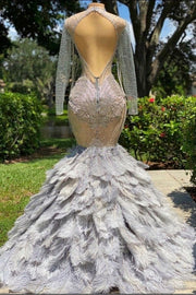 Full Bodice Rhinestone Prom Dress V-Cut Neckline Open Back with Lower Zipper Closure  Feather Train MermaidGown