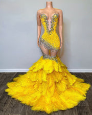 Birght Yellow Mermaid Feathers Prom Dresses 2023 Beading Party Gowns Sheer Neck Sequin Gala Dress