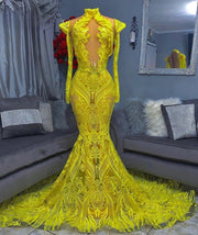 Sequin Yellow Prom Dresses Long Sleeves High Neck Mermaid Party Dress For Beading robe de soirée femme