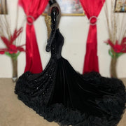 Elegant Black Prom Dresses 2023 Ruffles Beading Luxury Mermaid Evening Gowns Sequin Velvet Robes De Bal Women Party Wear