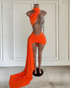 Mannequin Wearing a Rhinestone See Through Orange Birthday Dress with Sparkling Mesh and Bold Detailing, Styled for Luxe Celebrations