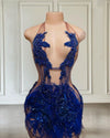 Mannequin Wearing a Sexy Blue Halter Mini Birthday Dress with Sparkling Crystals and Feather Trim, Styled for Glamorous Celebrations