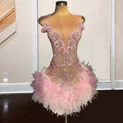 Luxury Feathers Birthday Dresses For Women Sheer Neck Rhinestone Short Prom Gowns 2024 Vestidos De Graduación