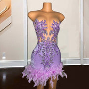 Elegant Lavender Birthday Dress For Women Sheer Neck Feather Short Prom Dresses Beading Party Wear