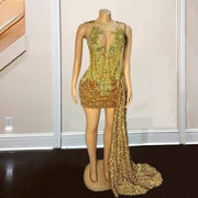 Gold Sequin Birthday Dress For Women Crystal Tassel Short Prom Dresses With Train Party Dress Gala