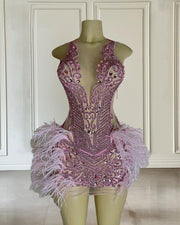 Pink Crystal Feather Mini Party Dress