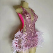 Pink Crystal Feather Mini Party Dress
