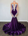 Sexy Purple Applique Beading Sheer Neck Velvet Prom Dress