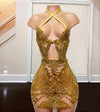 Gold Halter Crystal See Through Fitted Birthday Dress