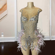 Sexy Feathers Birthday Dresses Crystal Beading Short Prom Gowns Mermaid Evening Party Wear See Through Robe Doré Mariage