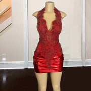 Sexy Red Crystal Birthday Dresses For Women Halter Rhinestone Short Prom Gowns Mermaid Evening Party Wear Robe Doré Mariage