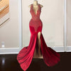Sexy Red Sheer Neck Luxury Rhinestone Prom Dress