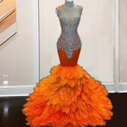Crystal Orange Feathers Prom Dresses 2024 Sheer Neck Luxury Diamond Party Gowns Evening Wear Sequin Robes De Soirée