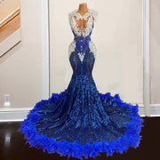 Blue Feathers Prom Dresses 2024 Beading Sequin Tassel Mermaid Evening Gowns Party Dress Robes De Soirée
