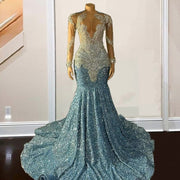 Light Blue Sequin Prom Dresses 2024 Rhinestone Mermaid Evening Gowns Long Sleeves Party Dress Sequin Robes De Soirée
