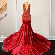 Long Red Mermaid Prom Dresses 2024 Sheer Top Luxury Sparkly Diamond Velvet Party Gala Gowns robes de soirée