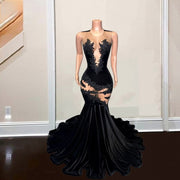 Sexy Black Mermaid Prom Dresses Lace Applique See Through Party Gowns Evening Wear Velvet Robes De Soirée