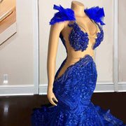 Sexy Sequin Mermaid Prom Dresses 2023 Scoop Crystal Party  Gala Gowns Feathers Evening Dress Elegant