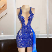 Elegant Royal Blue Rhinestone Prom Dresses With Train 2024 Crystal Mini Birthday Outfits Party Gowns Sheer Neck Vestidos De Gala