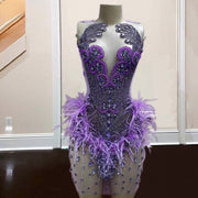 Luxury Diamond Birthday Dress For Women Party Gowns See Through Rhinestone Purple Feather Short Prom Dresses