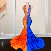New Design Orange And Blue Mermaid Prom Dresses 2024 Sheer Neck Crystal Mermaid Party  Gala Gowns Evening Dress