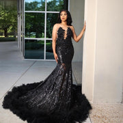 Black Prom Dresses 2024 Sequin Applique Mermaid Evening Gowns Sleeveless Dress Crystal