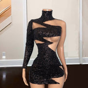 Sexy Little Black Cocktail Dresses High Neck Mini Sequin Prom Gowns Party Wear One Shoulder Birthday Dress