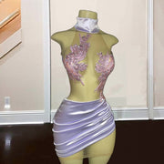 Elegant Lavender Prom Dresses 2024 High Neck Rhinestone Short Birthday Outfits See Through Party Gowns Luxury Vestidos De Gala