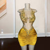 Yellow Rhinestone Sheer Neck Backless Cocktail Party Dress