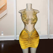 Sexy Yellow Cocktail Party Dresses Rhinestone Sheer Neck Mini Prom Gowns See Through Backless Birthday Dress