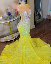 Yellow Sequins Sparkly Mermaid Prom Dresses 2023