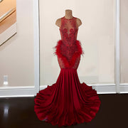 Red Rhinestone Prom Dresses 2024 Sheer Neck Open Back Party Gala Gowns Feathers Evening Dress vestidos de gala