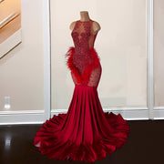Red Rhinestone Prom Dresses 2024 Sheer Neck Open Back Party Gala Gowns Feathers Evening Dress vestidos de gala