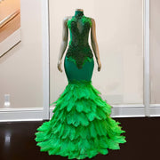 Luxury Green Feathers Prom Dresses 2024 High Neck Crystal Party Gala Gowns Evening Dress vestidos de gala