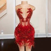 Luxury Birthday Dress Women Crystal Feathers Red Short Prom Gowns Sheer Veatido De Gala Homecoming Dresses