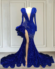Sexy High Slit Prom Dresses Long Sleeves Beading Rhinestone Evening Gown Sequence Mermaid Style Party Dress