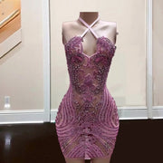 Sparkly Diamond Birthday Dresses For Women 2024 Halter Sleeveless Pink Rhinestone Mini Prom Dress Party Gowns